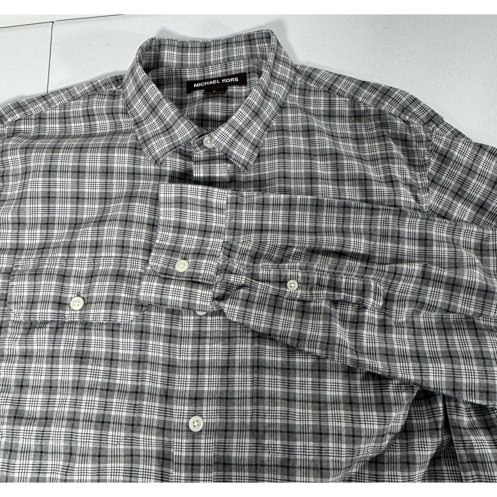 Michael Kors Men's Black Gray Plaid LS Cotton Button Down Shirt  L Office Casual